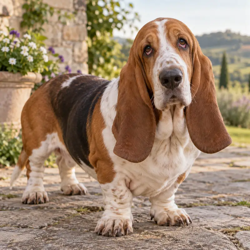 A basset hound with long ears standing on a stone terrace