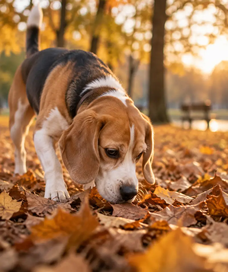 A beagle sniffing autumn leaves