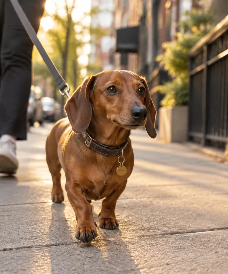 A dachshund walking on a city sidewalk