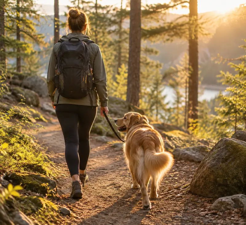 A person walking a happy dog on a forest trail