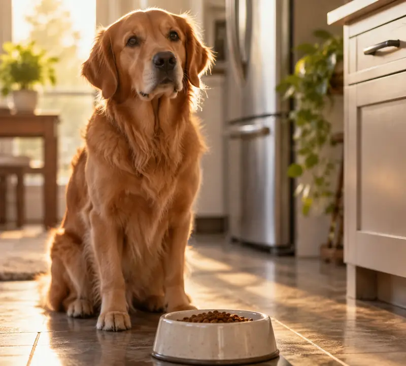 A dog waiting beside its food bowl