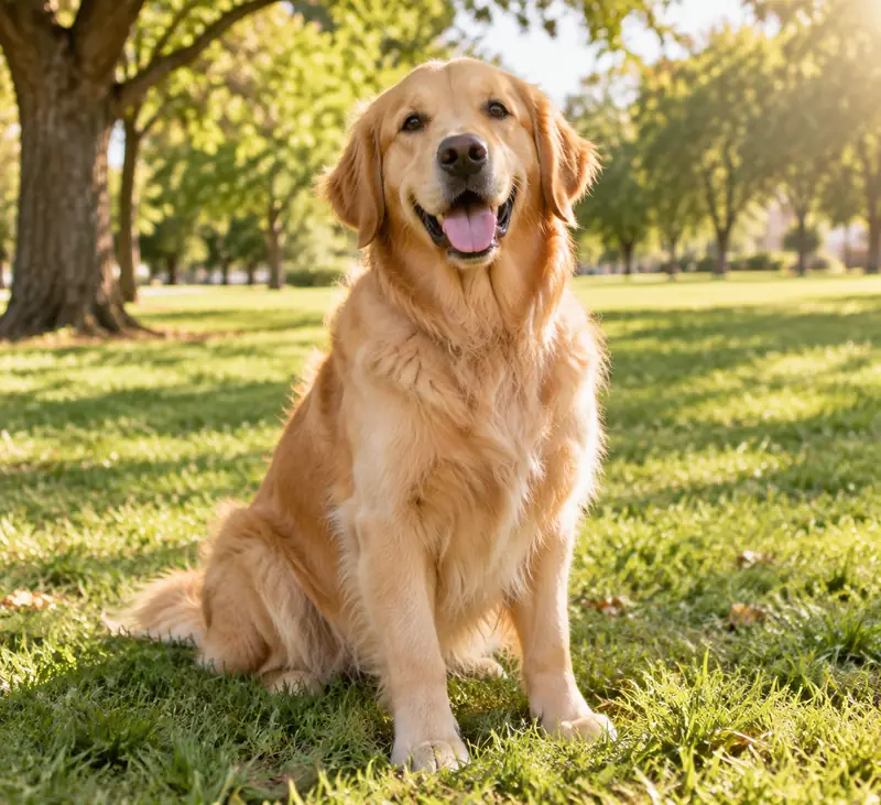 A happy golden retriever sitting in a sunny park