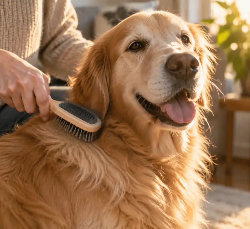 A fluffy dog being gently brushed
