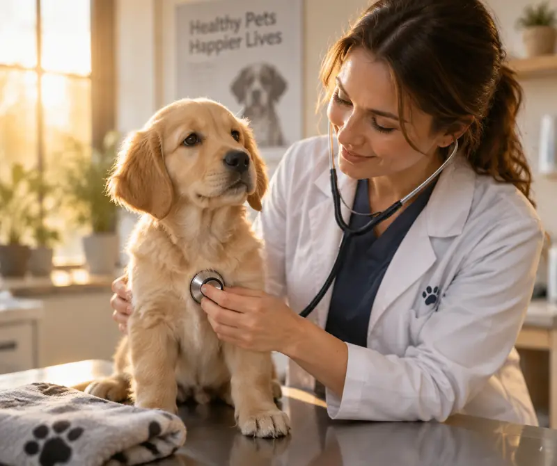 A puppy being examined by a friendly vet