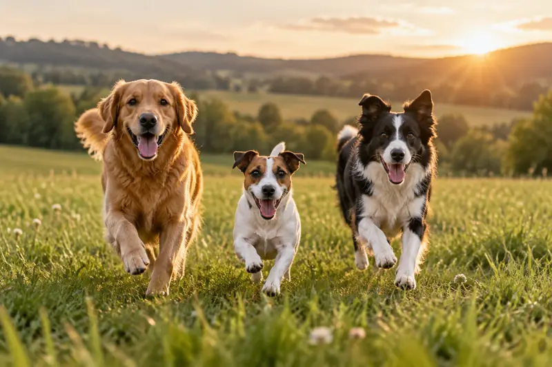Three happy dogs running across a green meadow