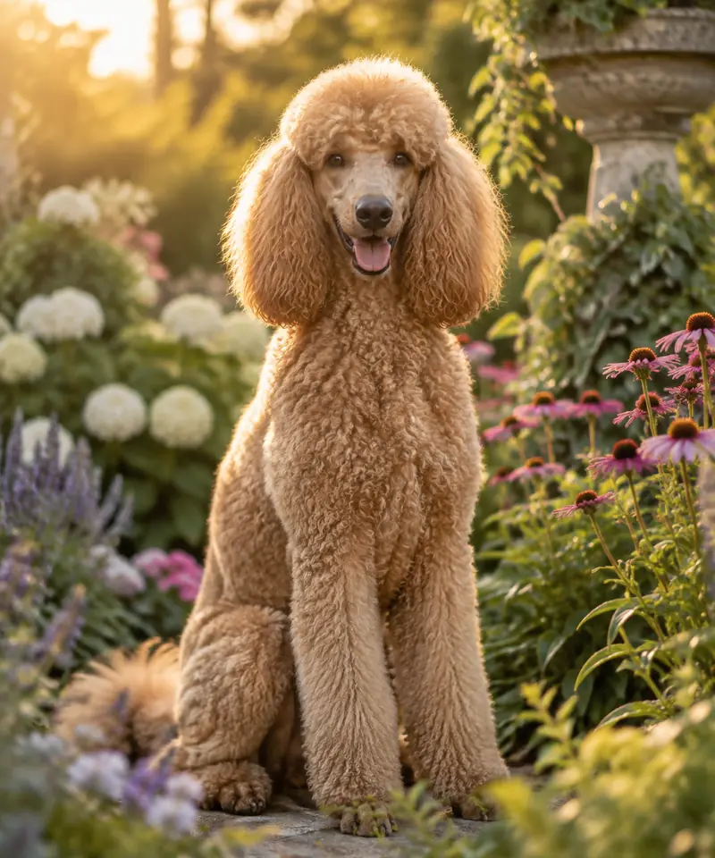 A standard poodle in a flower garden