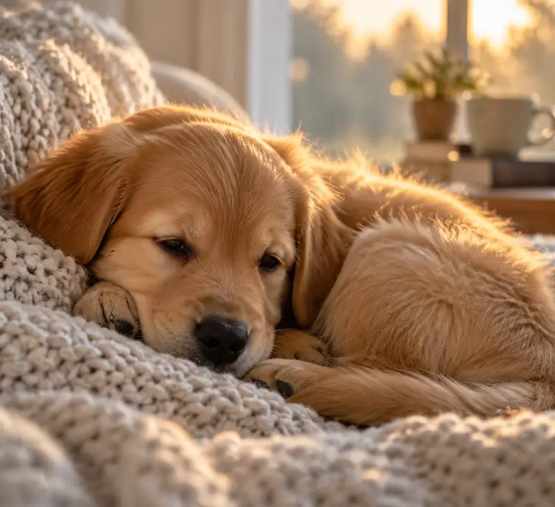 A sleepy golden retriever puppy on a knitted blanket