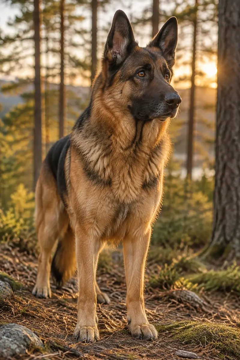 A german shepherd standing in a pine forest